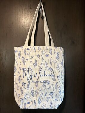 Canvas Tote Book Bag - White with Blue Floral Print My Weekend is All Booked
